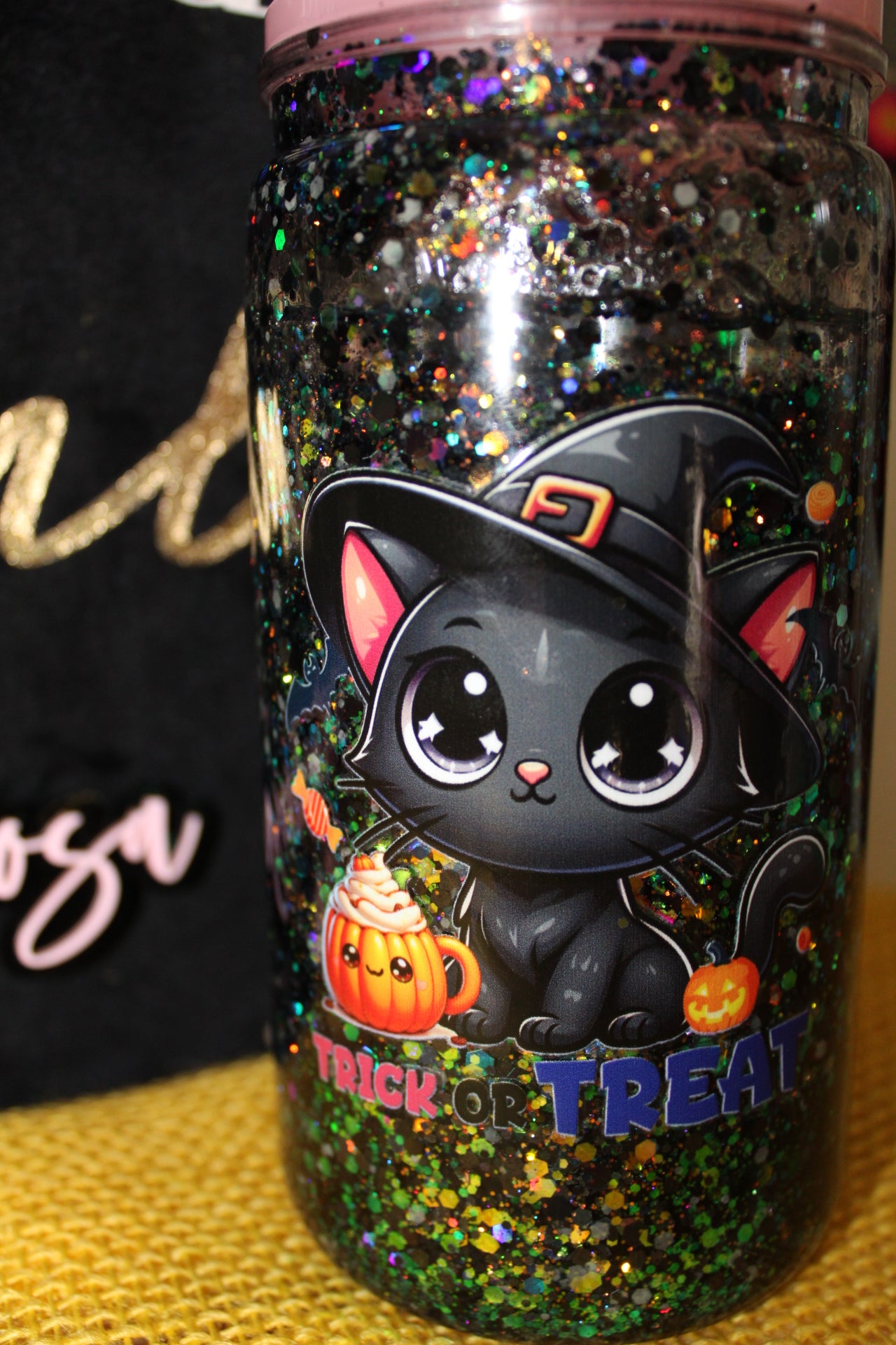 16 Oz Black Cat  Pink Halloween